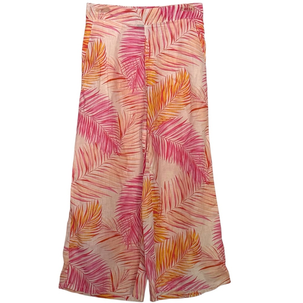 Tahari Size Small Pink/Orange Tropical Print Pullon Flat Front Linen Crop Pants - Picture 4 of 6